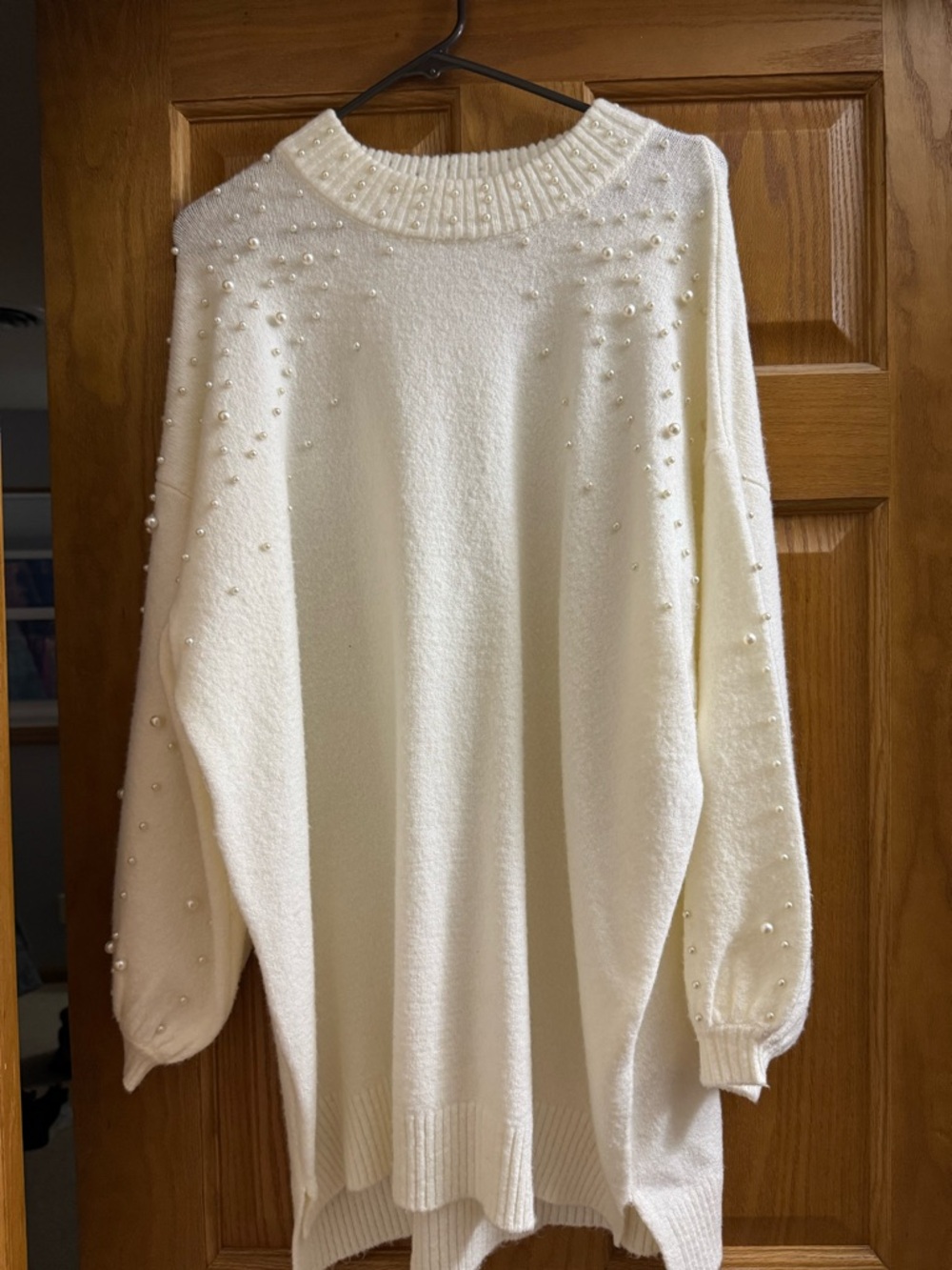 Pearl-Embellished Ivory Women's Sweater Dress